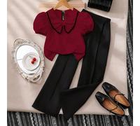 2 pezzi/set outfit per ragazze, top a maniche corte bordeaux e pantaloncini casual neri, colletto a fiocco, bottone a goccia sul retro, pantaloni a zampa, collo rotondo, pullover leggero adatto per la