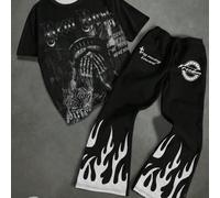 2 pezzi/Set Outfit per ragazzi adolescenti con stampa della Statua della Libertà, include pantaloni a zampa con stampa di sacchetto di denaro e fiamma, adatto per l'estate, streetwear, stile rock 14Y,