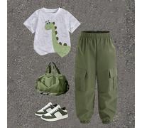 2 pezzi/set Outfit per ragazzo giovane con maglietta a maniche corte e pantaloni cargo con stampa integrale di cartoni animati di dinosauri, adatto per festival, feste, primavera/estate, leggero e con