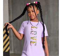 2 pezzi/set Pantaloncini da ragazza pre-adolescente con motivo stampato a leopardo colorato e lettera d'amore, outfit di moda da strada 8Y,9Y,10Y,11Y,12YFumetto,Leopardo,Lettere,Motivo strutturatoPoli