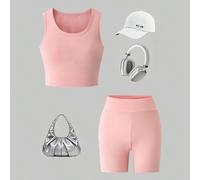 2 pezzi/Set Pantaloncini sportivi e canotta per ragazze pre-adolescenti, canotta sportiva senza maniche con collo rotondo e design a croce cavo con laccio elastico sulla schiena, abbinata a pantalonci