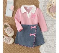 2 pezzi Set per bambina stile street dolce e cool con top a maniche lunghe con colletto a risvolto, ricamo fiocco rosa e bianco + gonna-pantalone in denim con fiocco 3D, sottile per primavera/autunno 