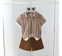2 pezzi Set per bambini piccoli, Outfit per bambini, Polo a maniche corte estiva retrò a righe con texture + Pantaloncini casual Set da 2 pezzi, Il top presenta design con colletto e piccolo scollo a 