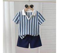 2 pezzi Set per bambini piccoli, Outfit per bambini, Polo a maniche corte estiva vintage a righe con texture + Pantaloncini casual Set da 2 pezzi, Il top presenta un design con colletto e piccolo scol
