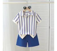 2 pezzi Set per bambini piccoli, Outfit per bambini, Set estivo vintage a righe con texture, Polo a maniche corte + Pantaloncini casual 2 pezzi, Il top presenta un design con colletto e piccolo scollo