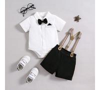 2 pezzi / set per bambini ragazzi casual stile college elegante fiocco a nodo colletto a ribaltamento body a maniche corte con bretelle pantaloni corti, abiti da gentiluomo per attività all'aperto pri