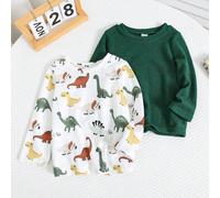 2 pezzi/set per bimbo, Maglietta a maniche lunghe con adorabile motivo dinosauro a maglia e maglietta casual a maniche lunghe tinta unita, adatto per qualsiasi occasione, versatile per primavera, autu