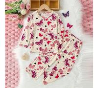 2 pezzi/Set Pigiama a maniche lunghe con stampa a cuore per ragazze, strato base sottile per il sonno adatto per ragazze di età compresa tra 4 e 12 anni 6Y,7Y,8Y,9Y,10Y,4Y,5YNataleTessuto in maglia