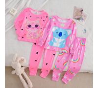 2 pezzi Set pigiama aderente per ragazze con gatto carino e cuore che brillano al buio, composto da top a maniche lunghe e pantaloni 6Y,7Y,4Y,5YFumettoMaglia a coste