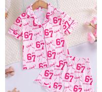 2 pezzi/set Pigiama carino e luminoso rosa per bimbe e bambine, con fiocco, stampa numero 67, top a maniche corte con bottoni sul colletto + pantaloncini larghi in vita elastica, tessuto morbido e tra