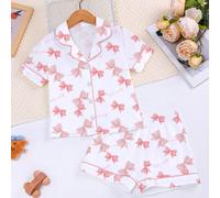 2 pezzi/set Pigiama carino per bimbe e bambine, rosa, stampa a fiocco, alla moda e versatile, morbido e traspirante, tessuto ignifugo, regalo ideale per le vacanze! 6Y,7Y,8Y,4Y,5YGrafico,LettereTessut