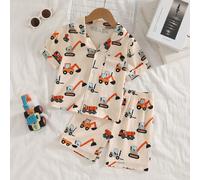 2 pezzi Set pigiama casual alla moda e comodo per ragazzi giovani, con cardigan in maglia a maniche corte e pantaloncini, stampa di orsetto teddy marrone in stile cartone animato 6Y,7Y,4Y,5Ystampa dap