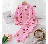 2 Pezzi Set Pigiama Casual alla Moda per Ragazze, Include una Maglietta con Colletto a Righe Rosse e Bianche con Stampa di Ciliegie e Pantaloni Lunghi, Adatto per Bambini e Ragazze da Indossare a Casa