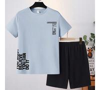 2 pezzi/set Pigiama casual estivo con maglietta a maniche corte con grafica a lettere e pantaloncini per ragazzi tra i 10 e i 12 anni 8Y,9Y,10Y,11Y,12YsloganTessuto in maglia