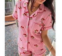 2 pezzi/set Pigiama comodo a righe rosa e bianche con stampa di ciliegie, top a maniche corte con colletto e taschino e pantaloncini con fiocco, pigiama e abbigliamento da casa per donna adatto per tu