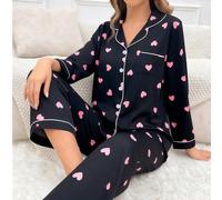 2 pezzi Set pigiama con stampa a cuore d'amore su top a maniche lunghe e pantaloni, casual e morbido, adatto per uso interno ed esterno, primavera/estate/autunno L,M,S,XLStampa CasualeTessuto intrecci