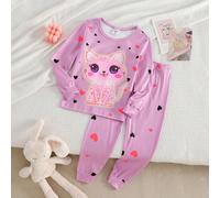 2 pezzi Set pigiama da bambina con maglietta a maniche lunghe e leggings con stampa di gatti e cuori che brillano al buio 6Y,7Y,4Y,5YMaglia a coste