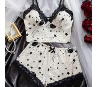 2 pezzi Set pigiama da donna con motivo a stelle e Top a canotta a righe in maglia con scollo a V e fiocco in pizzo, pantaloncini corti, set comodo e morbido per il pigiama da casa L,M,S,XLAnimale,Geo