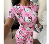 2 pezzi Set pigiama da donna con motivo Hello Kitty, top a maniche corte morbido e pantaloni lunghi, abbigliamento casual comodo, adatto per tutte le stagioni L,M,S,XL,XS,XXL,XXSAnimale,FumettoTessuto
