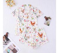 2 pezzi Set pigiama da donna con stampa di pollo, top comodo a maniche corte con colletto e pantaloncini a vita elastica, pigiama elegante, abbigliamento da casa o da notte adatto per feste e vacanze 