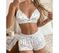 2 pezzi/Set Pigiama da donna romantico, dolce, carino e sexy, reggiseno a 3 coppe + pantaloncini, abbigliamento da notte in raso confortevole con stampa floreale minuta, lingerie da indossare fuori, s