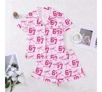 2 pezzi Set pigiama da donna, stampa a 67 motivi, outfit alla moda per feste di vacanza, camicia a maniche corte con colletto e bottoni e pantaloncini elasticizzati, abbigliamento casual per uso inter