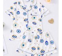 2 pezzi Set pigiama da donna, stampa occhio demoniaco, stelle e luna, abbigliamento da casa, outfit primaverile/estivo da vacanza, top a maniche corte con colletto e pantaloncini corti indossabili anc