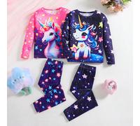 2 pezzi/set Pigiama da ragazza con motivo di cavalli arcobaleno che brillano al buio, composto da top a maniche lunghe aderente e leggings 6Y,7Y,4Y,5YFumetto,GeometricoTessuto in maglia