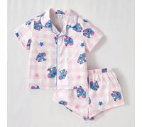 2 pezzi set pigiama da ragazza per il ritorno a scuola, pigiama estivo leggero con stampa di coniglio carino e monello, con colorblocking blu, cardigan casual semplice con colletto e shorts, completo
