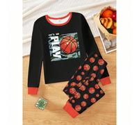 2 pezzi/Set Pigiama da ragazzo con grafica di pallacanestro, maglia a maniche lunghe e pantaloni aderenti in maglia che brillano al buio 8Y,9Y,10Y,11Y,12YGrafico,LettereTessuto