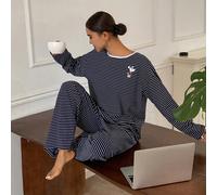 2 pezzi Set pigiama donna a maniche lunghe, con stampa di cuccioli e righe, ampio L,M,S,XLGeometrico,A strisceTessuto in maglia