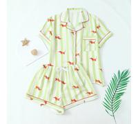2 pezzi Set pigiama donna composto da top con tasche a maniche corte e pantaloncini con fiocco, a righe bianche e verdi con stampa cuccioli, comodo per l'uso domestico in primavera/estate L,M,S,XLProd
