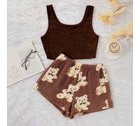 2 pezzi Set pigiama donna con top a canotta a costine lisciate e pantaloncini a costine lisciate con stampa di orsetti, colore marrone, set casual da due pezzi, abbigliamento invernale confortevole L,