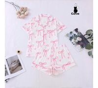 2 pezzi/set Pigiama donna taglie forti, base bianca con cuori e fiocchi rosa, top con bottoni, maniche corte e colletto, pantaloncini con vita elastica e laccetto, carino, di , adatto per tutti i gior