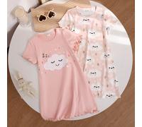 2 pezzi/set Pigiama estivo da ragazza, tema nuvole in tonalità rosa, uno con sfondo solido e grande stampa "ZZZ" a nuvole, l'altro con motivo a nuvole e stelle su tutto il capo, tessuto leggero e conf