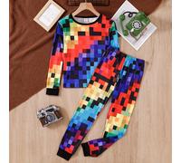 2 pezzi/set Pigiama morbido e comodo aderente per ragazzi, top a maniche lunghe e pantaloni con stampa a quadri e arcobaleno carino su tutto il capo, abbigliamento casual per l'autunno/inverno 8Y,9Y,1