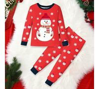 2 pezzi Set pigiama natalizio per bambini, composto da maglietta a maniche lunghe e pantaloni, con stampa di pupazzo di neve rosso e fiocchi di neve, che brillano al buio, in maglia elastica morbida 6