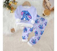 2 pezzi Set pigiama per bambine, composto da maglietta blu con coniglietto carino e leggings con stampa di conigli su tutto il capo, in maglia con fodera termica elastica, pantaloni a maniche lunghe v