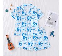 2 pezzi/set Pigiama per bambini a righe rosa, con camicia a colletto e maniche corte e pantaloncini con vita elastica e orlo arricciato, decorato con tema dolce Sei Sette 67 e motivo a fiocco, abbigli