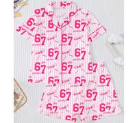 2 pezzi/Set Pigiama per bambini a righe rosa, con camicia a colletto e maniche corte e pantaloncini con vita elastica e orlo arricciato, decorato con tema dolce Sei Sette 67 e stampa a fiocco, comodo 