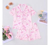 2 pezzi/set Pigiama per bambini con stampa di fiocchi rosa su base bianca, nuova camicia a colletto alla coreana a maniche corte e pantaloncini con vita elastica e volant, tuta casual comoda e traspir