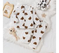 2 pezzi Set pigiama per bambini maschi composto da una maglietta a maniche lunghe con bottoni e pantaloni con stampa allover di orsetti, comodo per l'uso quotidiano a casa 6Y,7Y,4Y,5YFumettoTessuto