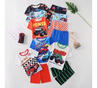 2 pezzi/Set Pigiama per Bambini Piccoli con Maglietta a Maniche Corte e Pantaloncini Stampati con Macchine, Colore Sorpresa Casuale 6Y,7Y,4Y,5YGrafico,Lettere,quadriMaglia a coste