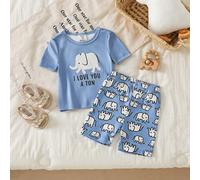 2 pezzi Set pigiama per bambini piccoli con stampa di elefanti e lettere, maglietta a collo tondo e pantaloncini con stampa di elefanti su tutto il capo, vestibilità aderente 2Y,3Y,9-12M,12-18M,18-24M