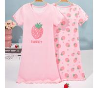 2 pezzi Set pigiama per giovani ragazze a stampa fragola, comoda camicia da notte casual a maniche corte, design semplice per facile abbinamento, tessuto maglia elastico e traspirante, lavabile in lav