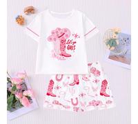 2 pezzi/Set Pigiama per Ragazze, Abbigliamento da Notte per Bambini con Maglietta a Maniche Corte e Pantaloncini con Vita Elastica e Balza, Stampati con Motivo di Cappello da Cowboy Rosa e Stivali, Ad