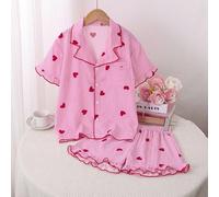 2 pezzi Set pigiama per ragazze con camicia a colletto e pantaloncini con stampa a cuori e righe su tutto il capo, adatto per uso casual primavera/estate e per feste/casa 8Y,9Y,10Y,11Y,12YGeometrico,A