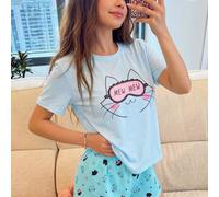 2 pezzi/Set Pigiama per ragazze pre-adolescenti, comodo e carino, con stampa a maschera ad occhio di gatto, top a maniche corte e pantaloncini 8Y,9Y,10Y,11-12YFumetto,Geometrico,LettereTessuto