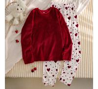 2 pezzi Set pigiama per ragazze pre-adolescenti, composto da una maglietta rossa tinta unita abbinata a pantaloni larghi a maniche lunghe con stampa a cuori su tutto il tessuto, foderati e spessi, ada