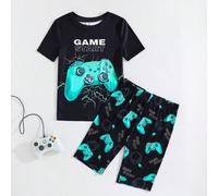 2 pezzi/Set Pigiama per ragazzi adolescenti, stile minimalista, grafica di controller di gioco al neon, girocollo, maniche corte, pantaloncini, comodo, pelle amichevole, casual, stile universitario, v